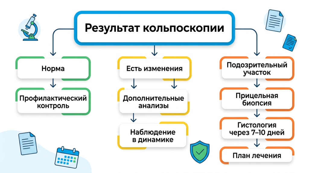 Возможные результаты кольпоскопии и дальнейшая тактика после обследования..png Возможные результаты кольпоскопии и дальнейшая тактика после обследования..png
