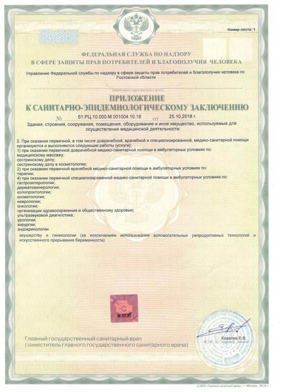 Приложение к санитарно-эпидемиологическому заключению